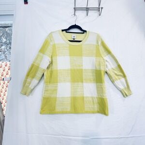 Cabi Sweater Womens Small Yellow White‎ Check Crewneck Pullover Knit Long Sleeve